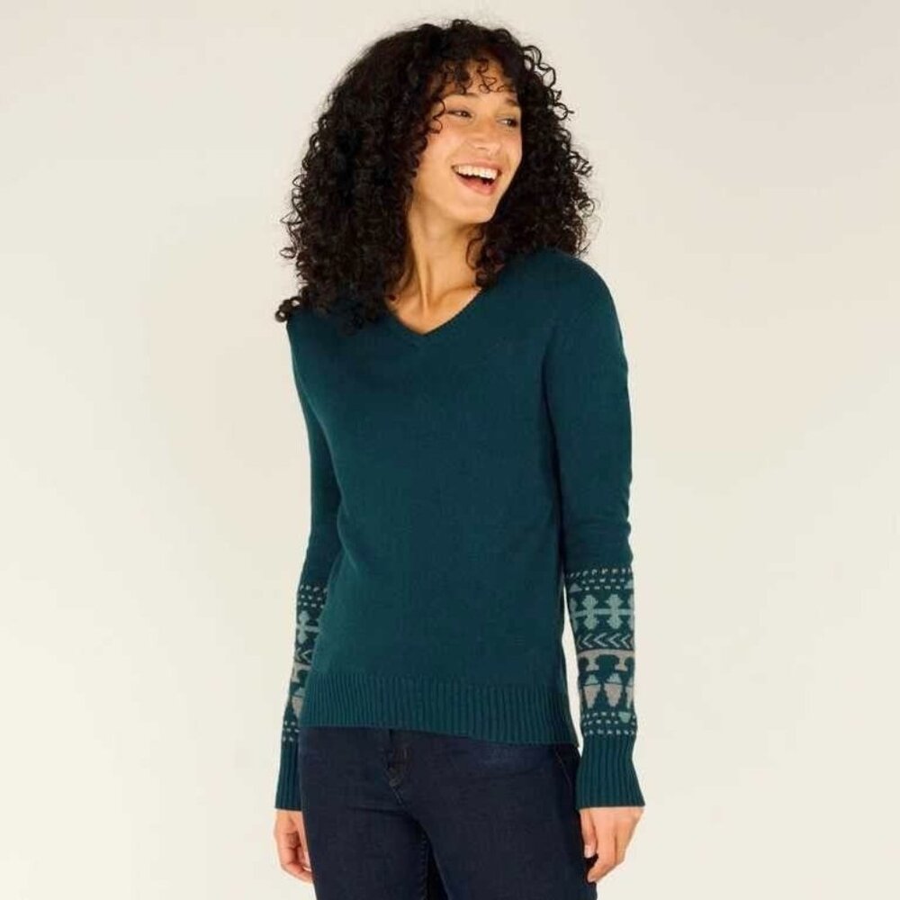 Sherpa Adventure Gear Maya V-Neck Sweater Sz S Teal Long Sleeve Hiking Alpaca